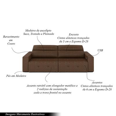 Sofá Retrátil 3 Lugares 244cm 2 Módulos Nero com USB Couro Manchado G52 - Gran Belo