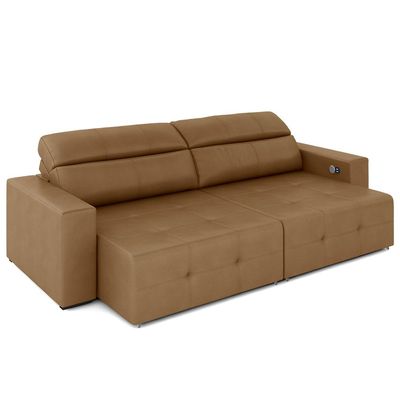 Sofá Retrátil 4 Lugares 264cm 2 Módulos Nero com USB Couro Caramelo G52 - Gran Belo