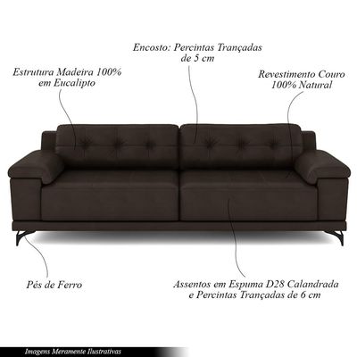 Sofá Living 3 lugares 212cm Agostino Pés Design em Ferro Couro Marrom G52 - Gran Belo