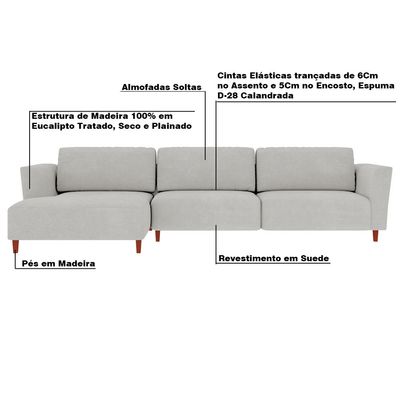 Sofá 305cm com Chaise Esquerda Franz Suede Cinza - Gran Belo