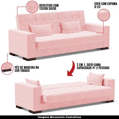 Sofá Cama Decorativo 210cm Beesley Suede Rosa - Gran Belo