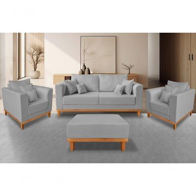 Kit Sofá 3 Lugares E 2 Poltronas Beny + Puff Isa Linho Cinza