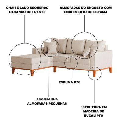 Sofá 3 Lugares Beny Com Chaise Esquerdo Linho Bege