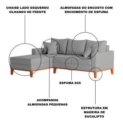 Sofá 3 Lugares Beny Com Chaise Esquerdo Linho Cinza