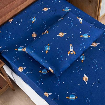 Jogo Cama Lençol Fantasy Solteiro Cama Quarto Infantil Microfibra 2 Peças Galáxia Espaço Azul