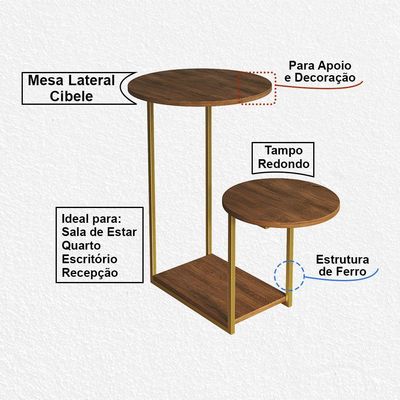 Mesa Lateral Moderna Dourado Cibele Tampo Redondo Freijó