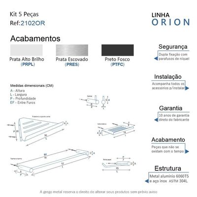 Kit Acessórios Para Banheiro Escovado 5 Peças Grego Metal 2102or