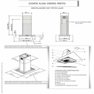 Coifa Ilha 90cm Vidro Reto Nardelli Inox 220V