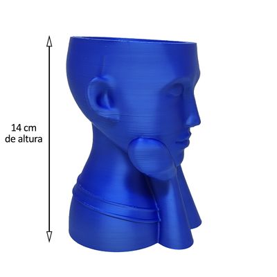 Rosto Enfeite Decoração Impressão 3D Porta Objeto Vaso 14 cm Sala Azul Metálico