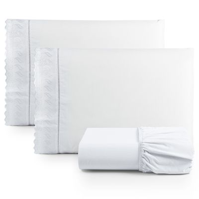 Jogo Cama Lençol Paris Casal Padrão Percal 180 Fios 100% Algodão Lese Bordada 3 Peças - Branco