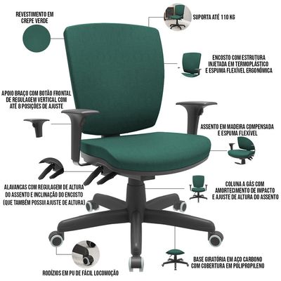 Kit 02 Cadeiras de Escritório Diretor Office Giratória Preto Alta Flexi P03 Poliéster Verde - Lyam