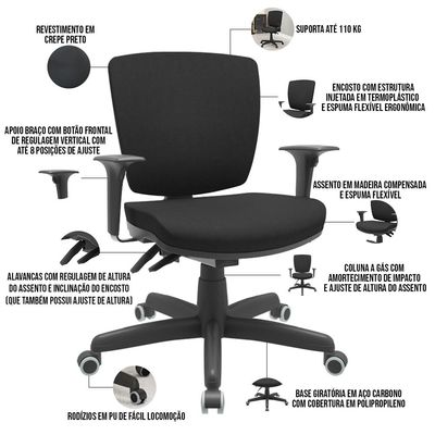 Cadeira de Escritório Executiva Office Base Giratória Preto Baixa Flexi P03 Poliéster Preto - Lyam