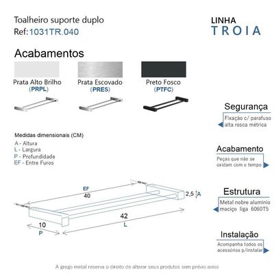 Porta Toalha Toalheiro Duplo Para Banheiro Escovado Troia 40cm