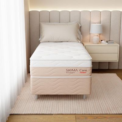 Cama Box com Colchão Solteirão Sigma Care (23x108x198) Bege e Branco