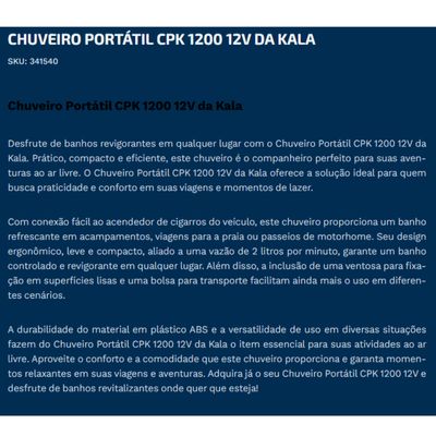Chuveiro Portátil 12v Ducha Pressão Camping Praia Kala
