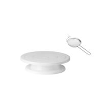 Prato de Bolo Giratorio e Peneira Pequena Aço Inox 8cm