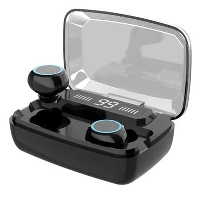 Fone Sem Fio TWS Preto À Prova de Suor e Power Bank Portátil Integrado