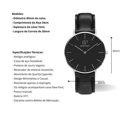 Relógio Masculino Couro Preto Luxo New Port 40mm + Carteira