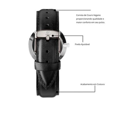 Relógio Masculino Couro Preto Luxo New Port 40mm + Carteira