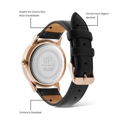 Relógio Masculino De Luxo Clássico Couro Preto New Port 40mm