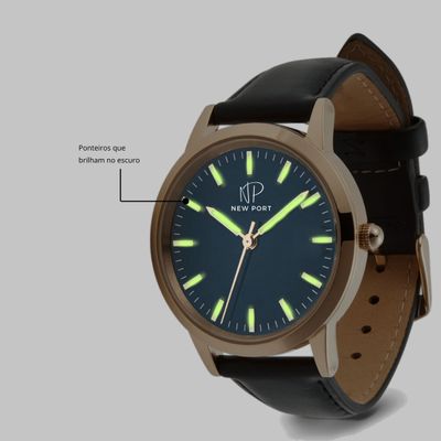 Relógio Masculino De Luxo Clássico Couro Preto New Port 40mm