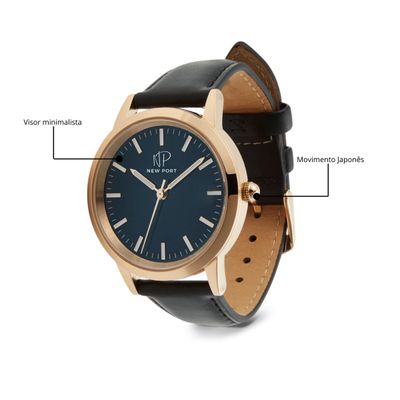Relógio Masculino De Luxo Clássico Couro Preto New Port 40mm