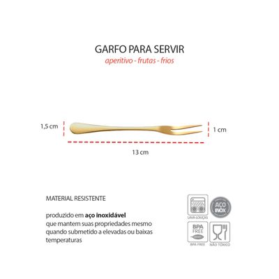 Garfo para Petiscos Frutas Sobremesa Garfinho Dourado Inox 6un