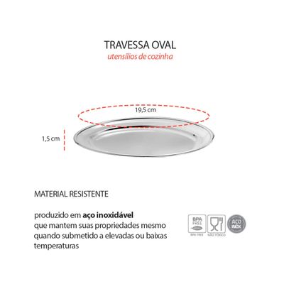 Travessa Oval Rasa 20cm Aço Inox 4un