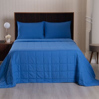 Kit Cobre Leito Colcha Speciale Queen Matelado Toque Acetinado 400 Fios 3 Peças Azul Royal