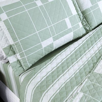 Kit Cobre Leito Colcha Belle King Estampado Dupla Face 400 Fios 3 Peças Quadriculado Verde