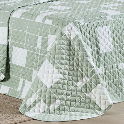 Kit Cobre Leito Colcha Belle King Estampado Dupla Face 400 Fios 3 Peças Quadriculado Verde
