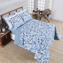 Kit Cobre Leito Colcha Belle Casal Padrão Estampado Dupla Face 400 Fios 3 Peças Florido Azul