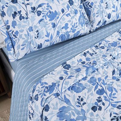 Kit Cobre Leito Colcha Belle Casal Padrão Estampado Dupla Face 400 Fios 3 Peças Florido Azul