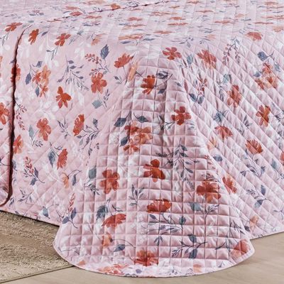 Kit Cobre Leito Colcha Belle Queen Estampado Dupla Face 400 Fios 3 Peças Floral Rosê