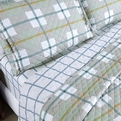 Kit Cobre Leito Colcha Belle King Estampado Dupla Face 400 Fios 3 Peças Grid Verde