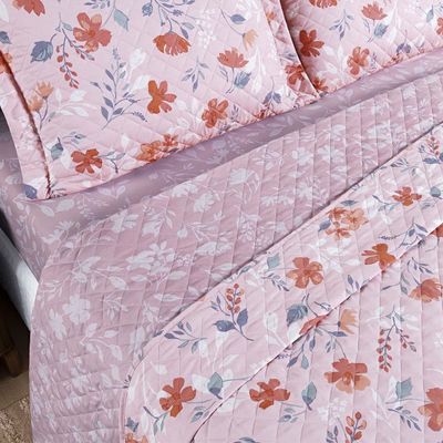 Kit Cobre Leito Colcha Belle Queen Estampado Dupla Face 400 Fios 3 Peças Floral Rosê