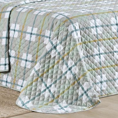 Kit Cobre Leito Colcha Belle King Estampado Dupla Face 400 Fios 3 Peças Grid Verde