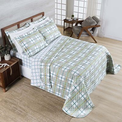 Kit Cobre Leito Colcha Belle King Estampado Dupla Face 400 Fios 3 Peças Grid Verde