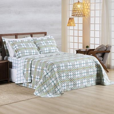 Kit Cobre Leito Colcha Belle King Estampado Dupla Face 400 Fios 3 Peças Grid Verde