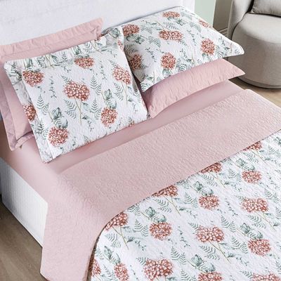 Kit Cobre Leito Colcha Maris King Estampado Dupla Face Percalle 200 Fios 3 Peças Hortênsia Salmão