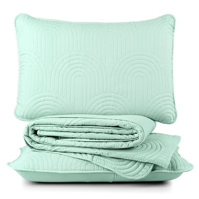 Kit Cobre Leito Colcha Arcos Casal Padrão Dupla Face Matelado 200 Fios 3 Peças Verde