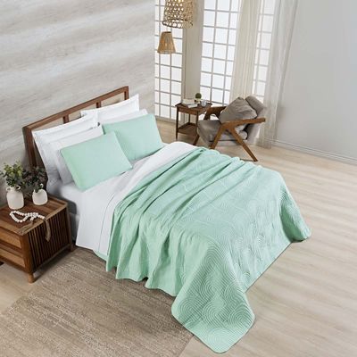 Kit Cobre Leito Colcha Arcos Casal Padrão Dupla Face Matelado 200 Fios 3 Peças Verde