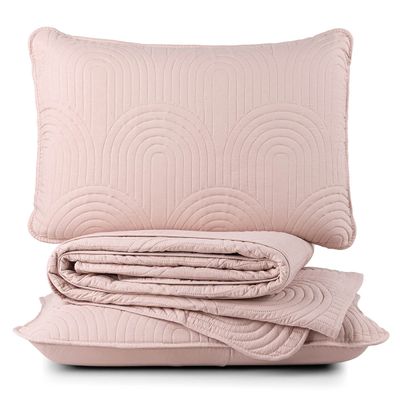 Kit Cobre Leito Colcha Arcos King Dupla Face Matelado 200 Fios 3 Peças Rosa