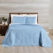 Kit Cobre Leito Colcha Arcos Casal Padrão Dupla Face Matelado 200 Fios 3 Peças Azul Claro