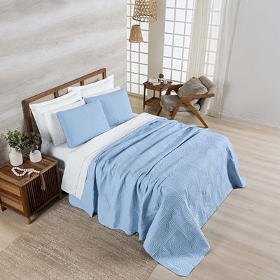 Kit Cobre Leito Colcha Arcos King Dupla Face Matelado 200 Fios 3 Peças Azul Claro