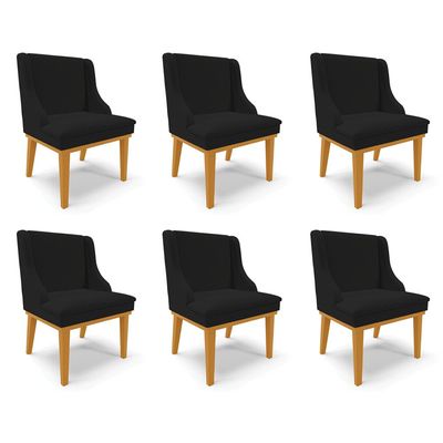Kit 6 Cadeiras Decorativas Sala de Jantar Base Fixa de Madeira Firenze Linho Preto/Castanho G19 - Gran Belo