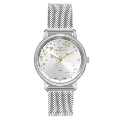 Relógio Technos Feminino Ref: 2035ndr/1k Corações Mesh Prateado
