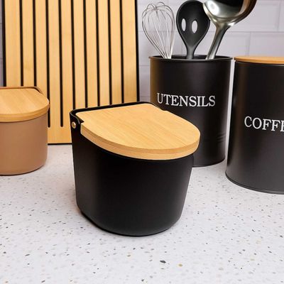 Saleiro com Tampa Bambu Preto Mesa Porta Condimentos 600ml