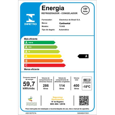 Geladeira Continental Frost Free 400L Duplex Prata (TC45S) 127V