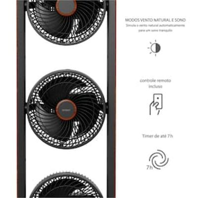Ventilador de Torre Spirit Robot Triplo 130W com 3 Velocidades, Controle Remoto e Painel Digital com Display LED - Preto/Tabaco Preto / 220